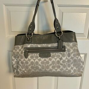 Coach Gray Signature Canvas Shoulder Bag with Leather Trim